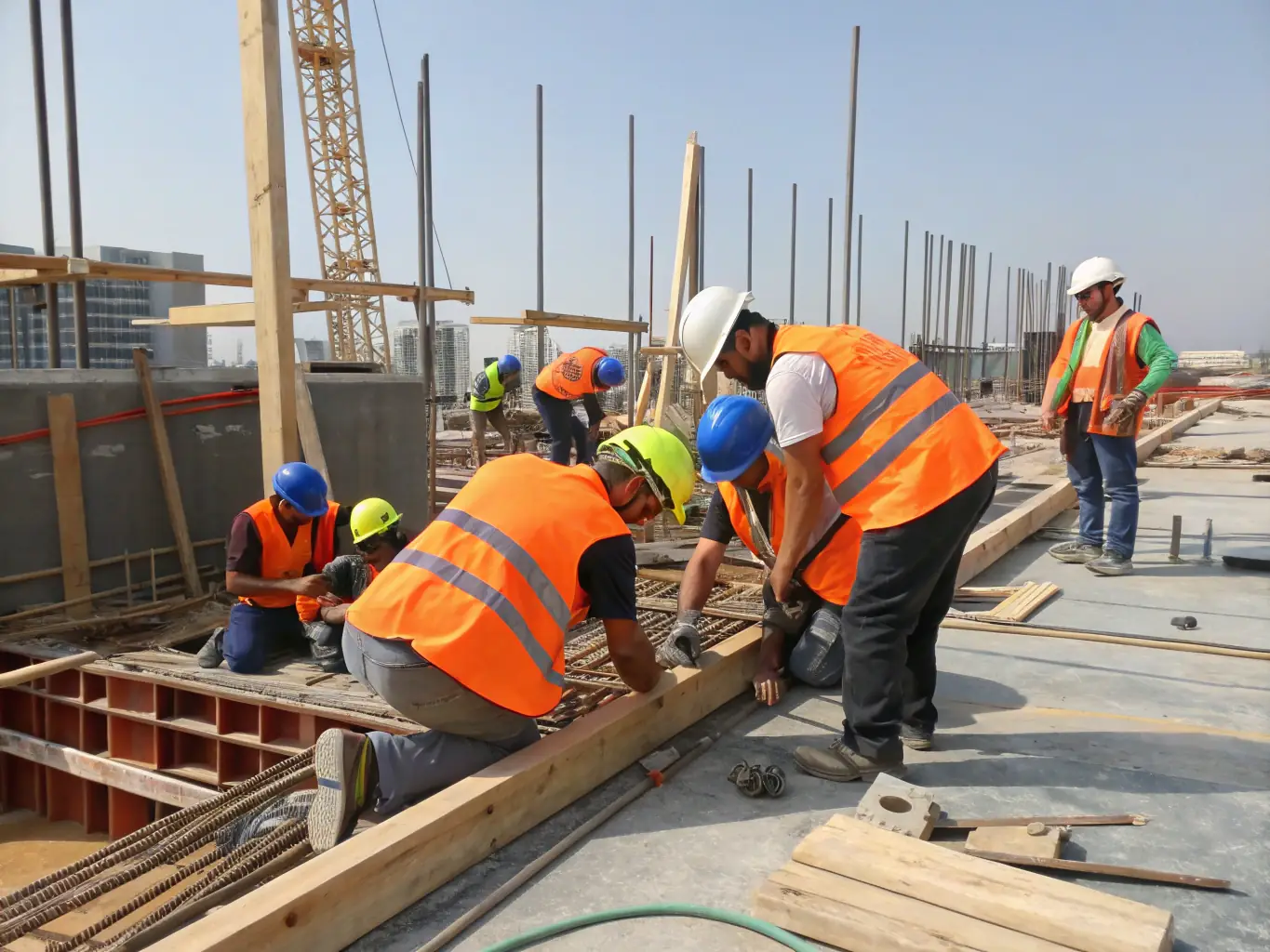 A team of construction workers in safety gear assembling a modern commercial building with cranes and scaffolding, set against a clear blue sky, representing Wall Sand Roofs' building construction expertise.