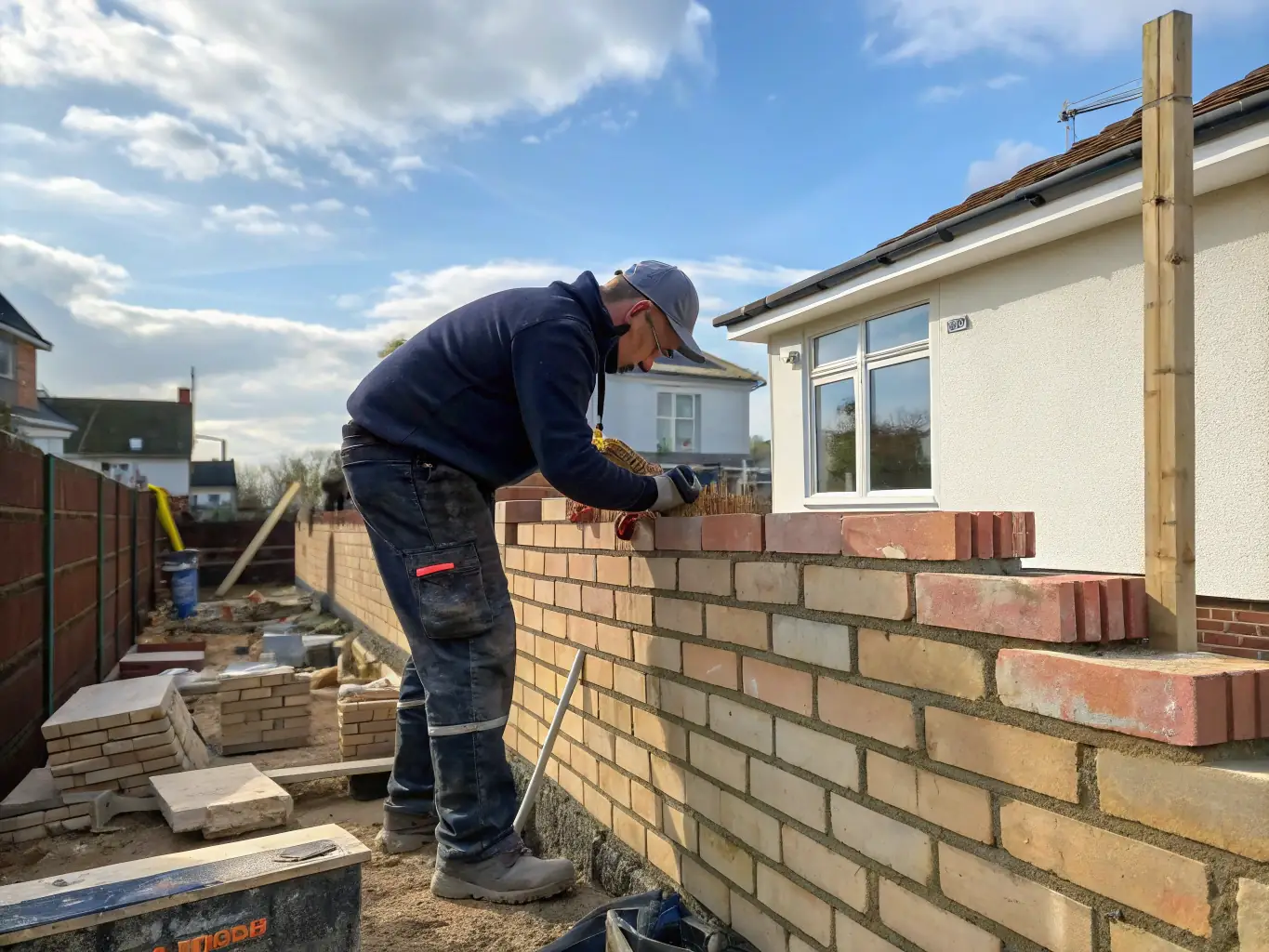 Close-up of skilled masons carefully laying red bricks on a new building facade, with tools and mortar visible, illustrating Wall Sand Roofs' commitment to quality masonry work.