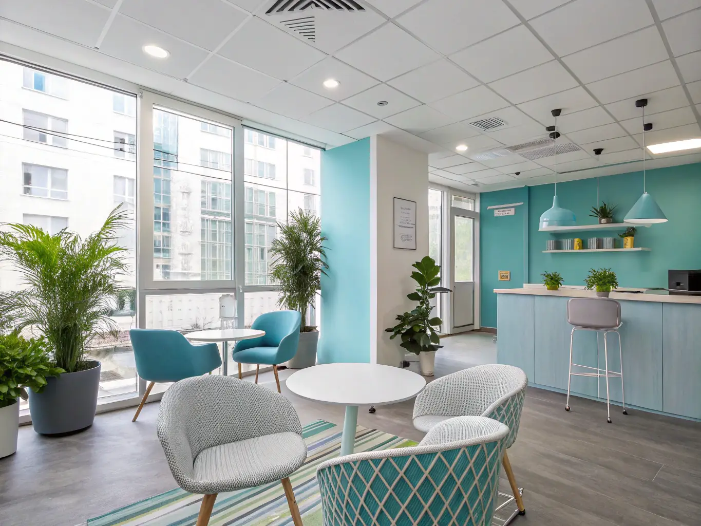 A bright, renovated office space with glass partitions, modern lighting, and stylish furniture, showcasing the transformation possible with Wall Sand Roofs' renovation services.